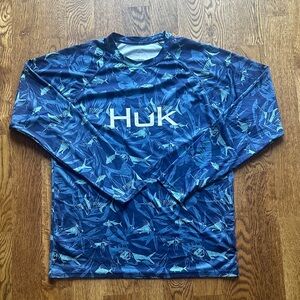 Huk Navy and Teal Leaf Pattern Shirt